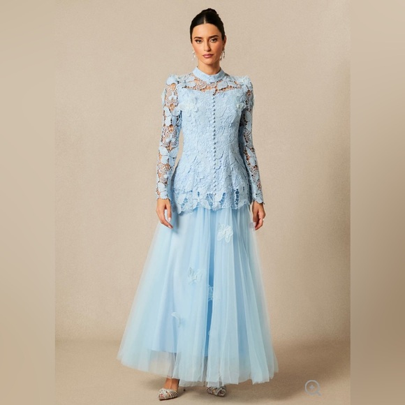 Embroidered Light Blue Lace Maxi Dress | Long Sleeve Formal | New with Tags - Picture 3 of 11